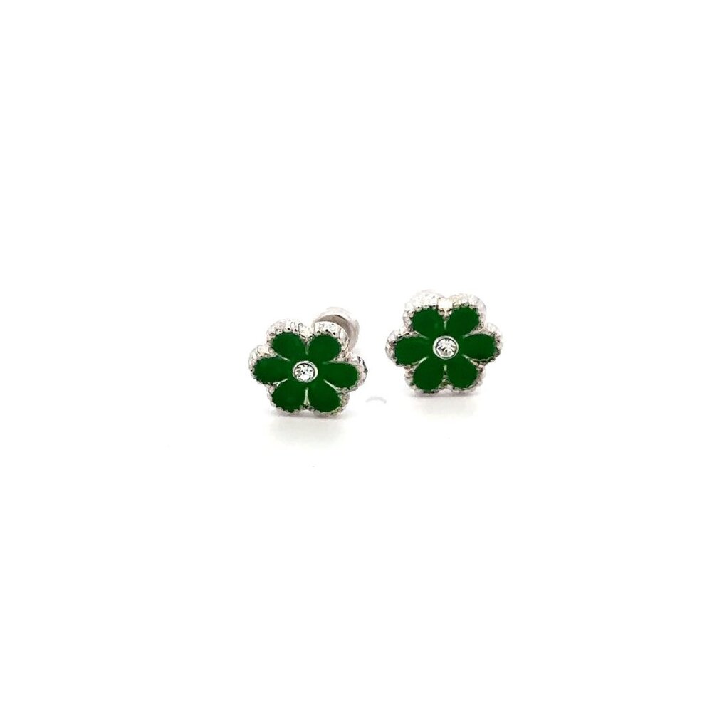 925 Sterling Silver Stud Flower Green Enamel Earrings Small Screw Back